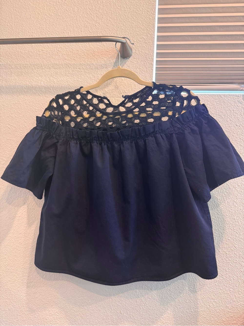 Women's Navy Crochet Yoke Off-Shoulder Top